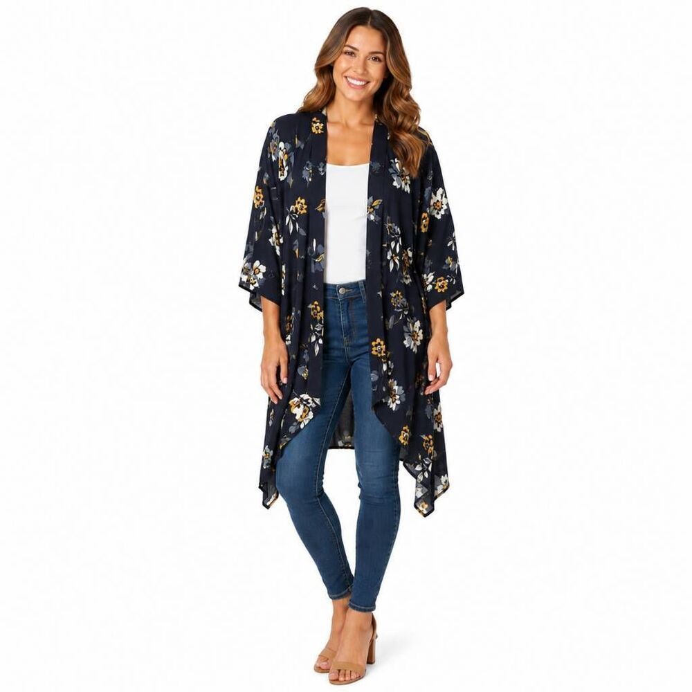 Maurices Navy Floral Kimono Cardigan 0/1x Plus
